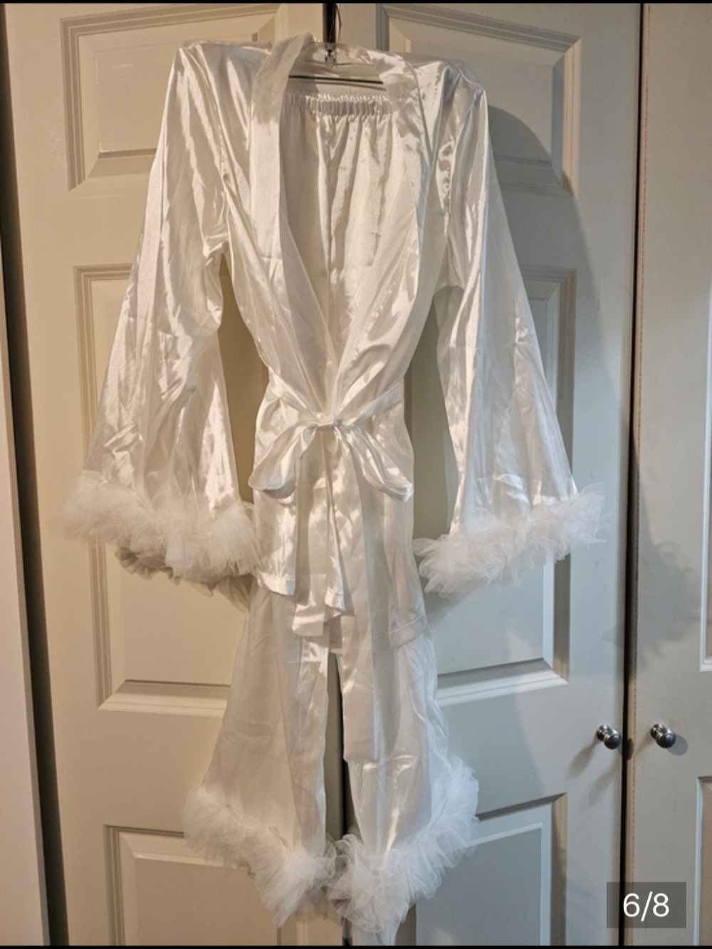 Satin Tulle Trim Robe And Bottoms for Women - White Medium